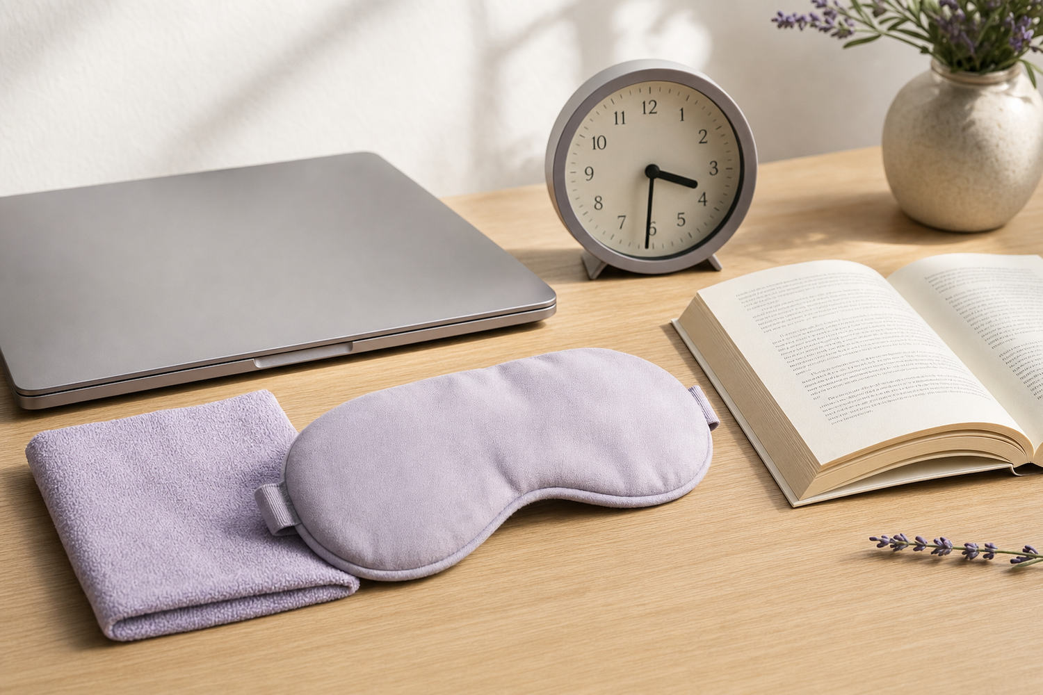 Folded eye compress mask and washcloth beside an open paperback book and closed laptop on a desk