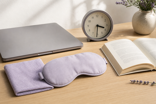 Folded eye compress mask and washcloth beside an open paperback book and closed laptop on a desk
