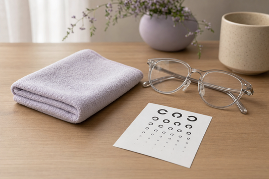 Folded cotton washcloth beside clear-lens glasses and an eye chart card on a wooden desk, representing comfort habits versus vision correction.