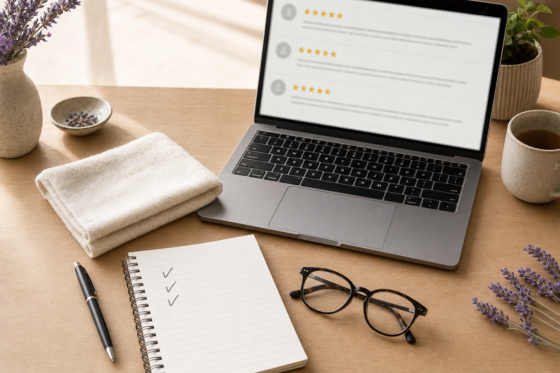 Laptop with review list, folded washcloth, and checklist notebook on a desk representing warm eye compress review verification.