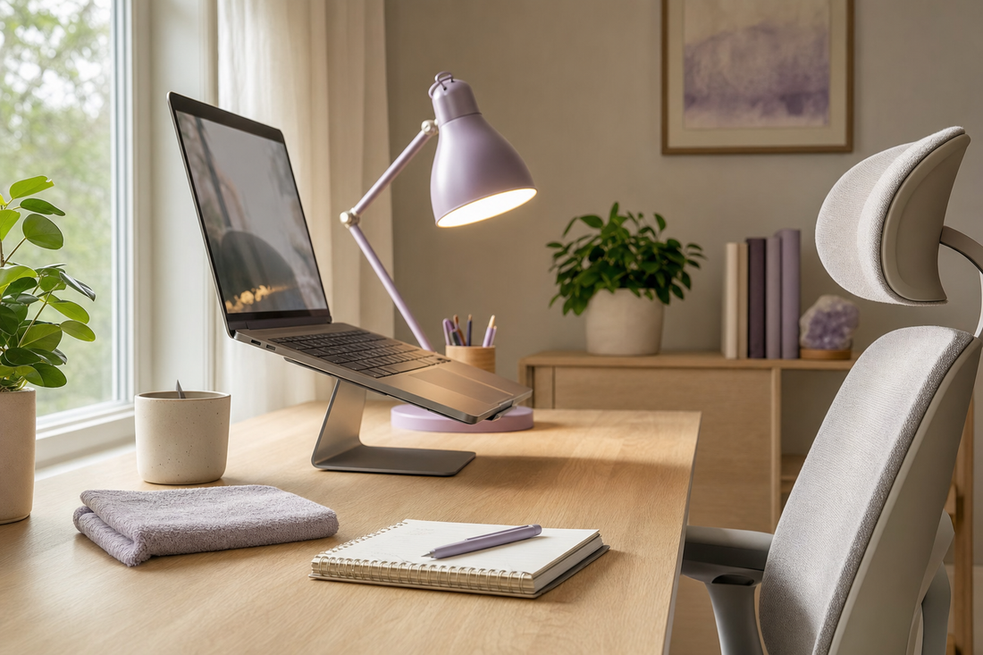 Desk setup with laptop raised to eye level, angled lamp, and a folded cloth beside a notepad illustrating posture-focused screen ergonomics.