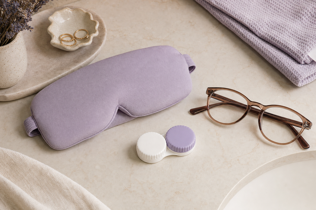 Flatlay of a folded eye mask beside a closed contact lens case and glasses on a tidy counter.