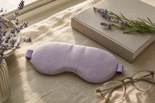 Folded cotton eye mask beside a closed journal and reading glasses in soft warm light, evoking the science behind eye comfort.