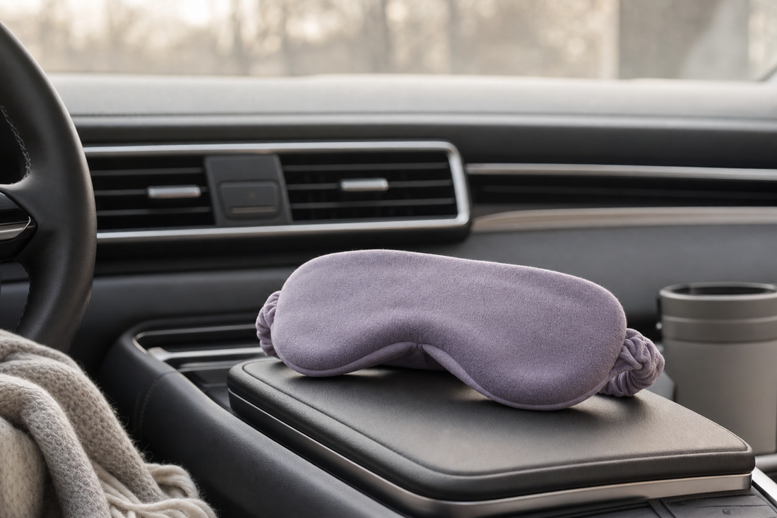 Folded eye mask resting on a car console near a dashboard vent in soft winter daylight, suggesting a pre-drive comfort pause.