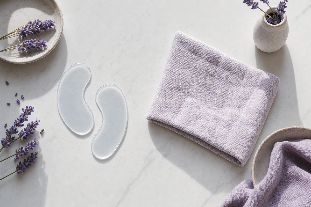 Unbranded hydrogel eye patches beside a plainly folded dry cotton eye cloth on a neutral tabletop, side by side.