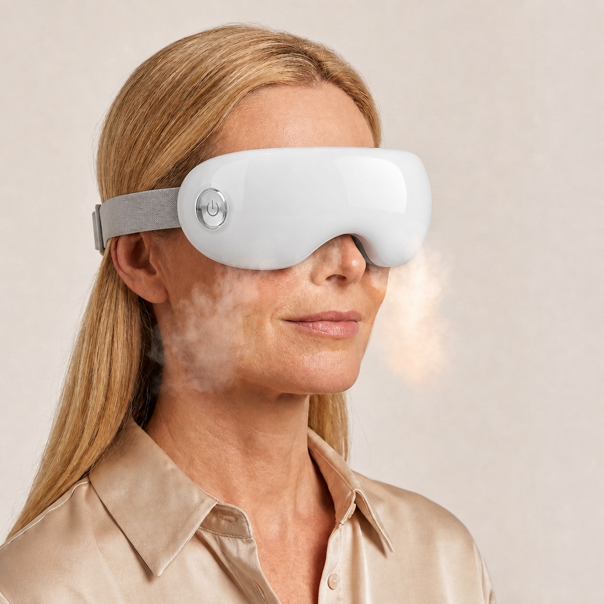 Woman wearing Beminda Steam Therapy Pro reference mask with steam