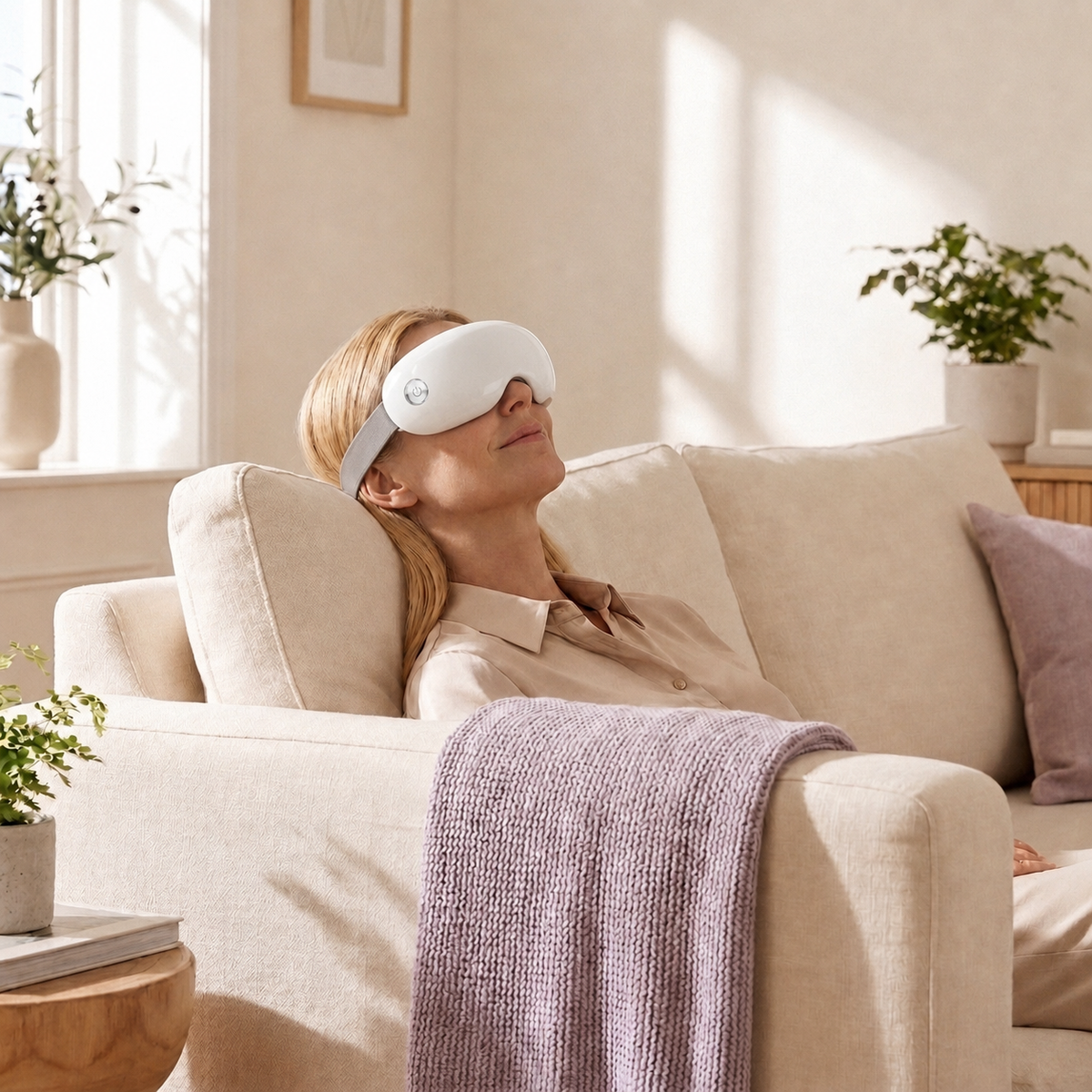 Woman relaxing on couch wearing Beminda Steam Therapy Pro reference mask