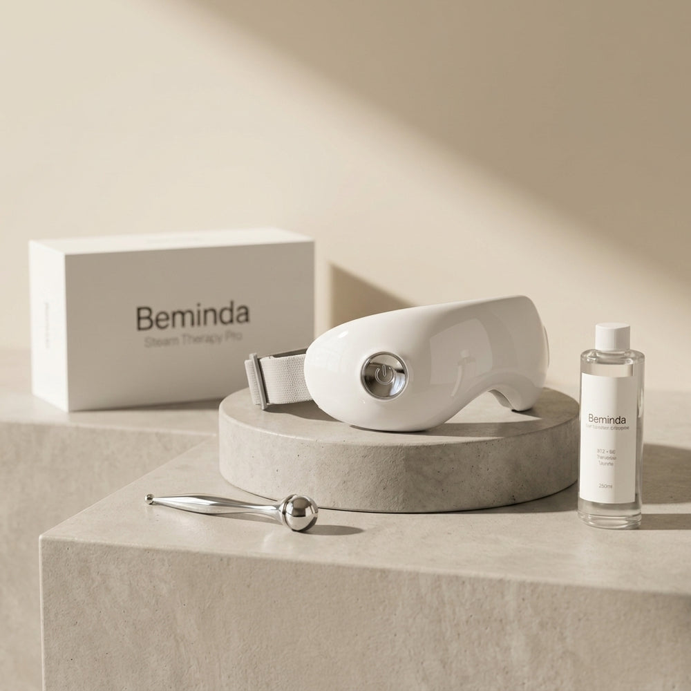 Beminda Steam Therapy Pro with box, Eye Hydration Complex bottle and eyelid massager